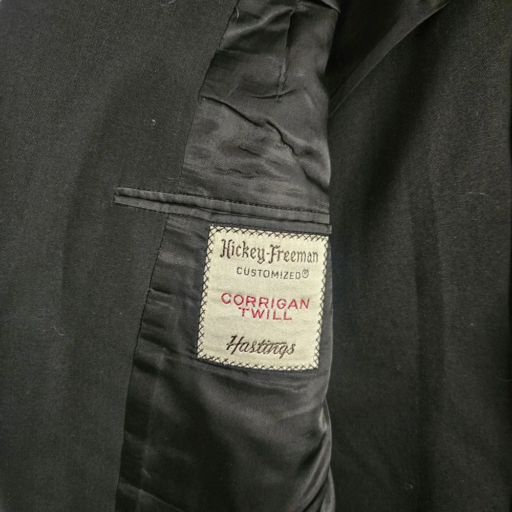 Vtg Hickey Freeman Corrigan Twill 3 Button Suit Black Wool Blazer Pants 43R 35W